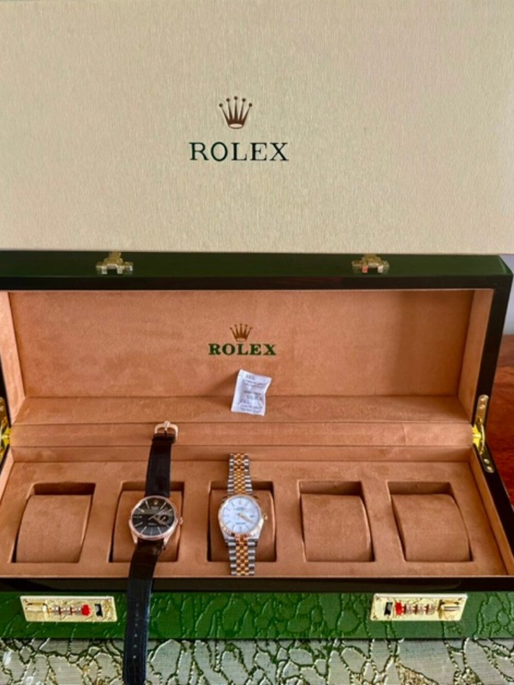Authentic Rolex Green Wooden Watch Display Storage Case w/ Outer Rolex Box, NwoT